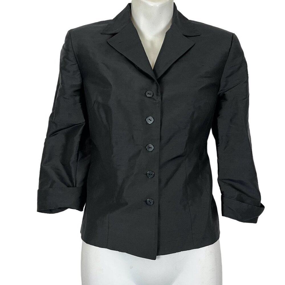 Kate Hill Petite Women's 100% Silk Lined Solid Black Suit Jacket Blazer sz 2 P